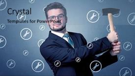  Presentation with holding hands old young - Amazing slide deck having young serious businesman holding tool backdrop and a  colored foreground