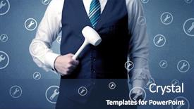  Presentation with holding hands old young - Slide set having young serious businesman holding tool background and a  colored foreground