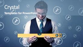  Presentation with cyber security tool description brief - Presentation design consisting of young serious businesman holding tool background and a  colored foreground