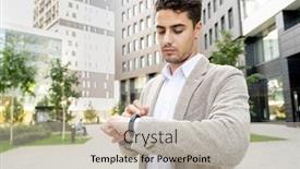  Presentation with smartwatch - Audience pleasing slide deck consisting of young-serious-businessman-in-formalwear backdrop and a light gray colored foreground