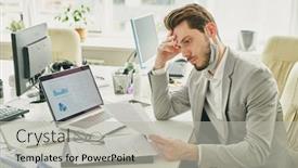  Presentation with front desk - Colorful theme enhanced with young-serious-businessman-in-protective backdrop and a light gray colored foreground