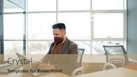  Presentation with front desk - Cool new slide deck with young-serious-businessman-in-protective backdrop and a coral colored foreground