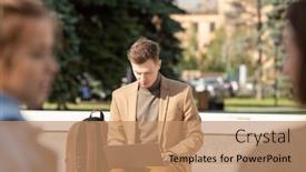  Presentation with surfing - PPT layouts with young-serious-businessman-in-smart background and a coral colored foreground