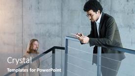  Presentation with railing - Presentation theme consisting of young-serious-businessman-looking-through background and a  colored foreground