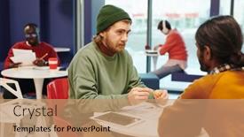  Presentation with space race - Amazing PPT theme having young-serious-businessman-looking backdrop and a coral colored foreground