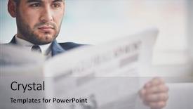  Presentation with newspaper - Beautiful presentation theme featuring young serious businessman reading newspaper backdrop and a light gray colored foreground