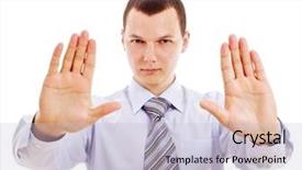  Presentation with forward - Cool new presentation theme with young serious businessman with open forward palms showing stop gesture mask included backdrop and a light blue colored foreground