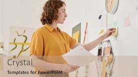  Presentation with living room - Presentation theme with young-serious-businesswoman-in-casualwear background and a coral colored foreground