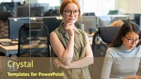  Presentation with front desk - Amazing slides having young-serious-businesswoman-in-eyeglasses backdrop and a coral colored foreground