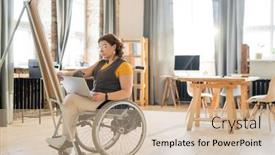 Presentation with managers - Amazing PPT theme having young-serious-businesswoman-in-wheelchair backdrop and a coral colored foreground