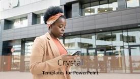  Presentation with african ethnicity - Audience pleasing PPT theme consisting of young-serious-businesswoman-of-african backdrop and a coral colored foreground