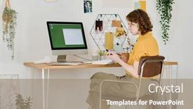  Presentation with mobile home - Slide deck having young-serious-businesswoman-scrolling background and a coral colored foreground