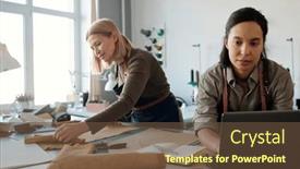  Presentation with workplace - Slides having young-serious-businesswoman-sitting background and a tawny brown colored foreground