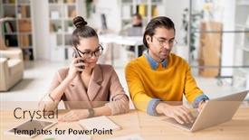  Presentation with networking - Audience pleasing slides consisting of young-serious-businesswoman-talking backdrop and a coral colored foreground