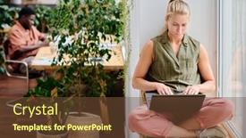  Presentation with laptop - Presentation theme consisting of young-serious-businesswoman-typing background and a  colored foreground