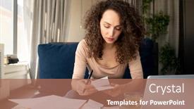  Presentation with long hair - Colorful presentation theme enhanced with young-serious-businesswoman-with-long backdrop and a coral colored foreground