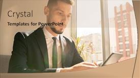  Presentation with entrepreneur - Amazing slide set having young serious busy entrepreneur sitting in office by window and texting in smartphone while communicating with partners backdrop and a coral colored foreground