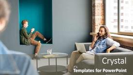  Presentation with consulting - Colorful PPT theme enhanced with young-serious-busy-office-worker backdrop and a gray colored foreground