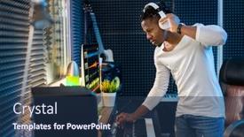  Presentation with computer music - Audience pleasing theme consisting of young serious casual mixed-race man with headphones standing by computer and looking at screen while making new music in sound record studio backdrop and a ocean colored foreground