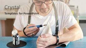  Presentation with leather craft work table - Audience pleasing presentation consisting of young-serious-creative-leatherworker-applying backdrop and a soft green colored foreground