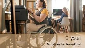  Presentation with xerox - Beautiful presentation theme featuring young-serious-disable-businesswoman backdrop and a coral colored foreground