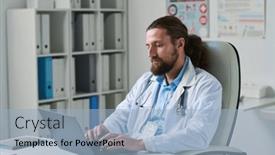  Presentation with medical laptop - PPT theme having young-serious-doctor-in-lab background and a light blue colored foreground