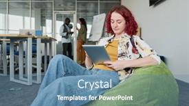  Presentation with employee - PPT theme consisting of young-serious-employee-in-casual background and a teal colored foreground