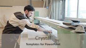  Presentation with automobile factory - Slide deck with young-serious-factory-worker-using background and a light gray colored foreground