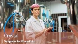  Presentation with using digital tablet - Colorful slide deck enhanced with young-serious-female-brewery-expert backdrop and a coral colored foreground