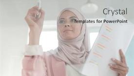  Presentation with hijab - Slide deck with young-serious-female-broker background and a light gray colored foreground