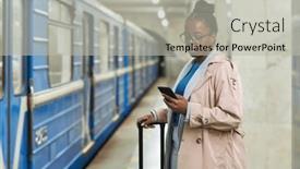  Presentation with moving business - Presentation theme enhanced with young-serious-female-business-traveler background and a light gray colored foreground