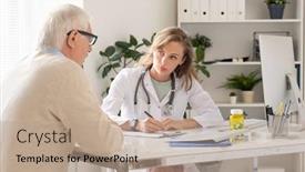  Presentation with prescriptions - PPT theme with young-serious-female-clinician background and a coral colored foreground