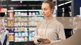  Presentation with beauty products - Slide set consisting of young-serious-female-consultant background and a coral colored foreground