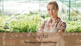  Presentation with female - Slide set enhanced with young-serious-female-farmer background and a coral colored foreground