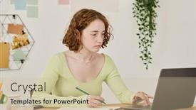  Presentation with student - Slide set consisting of young-serious-female-freelancer background and a soft green colored foreground