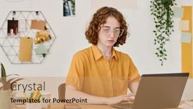  Presentation with front desk - Presentation theme enhanced with young-serious-female-freelancer background and a coral colored foreground