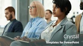  Presentation with speaker - Presentation theme featuring young-serious-female-manager background and a gray colored foreground