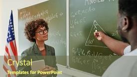  Presentation with geometry - Presentation with young-serious-female-teacher background and a tawny brown colored foreground