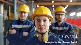  Presentation with young plant - Audience pleasing theme consisting of young-serious-female-worker backdrop and a navy blue colored foreground
