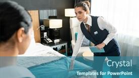  Presentation with bed hotel - PPT theme having young-serious-hotel-worker background and a ocean colored foreground