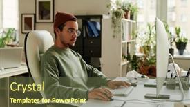  Presentation with computer software - Slide deck with young-serious-it-support-engineer background and a tawny brown colored foreground