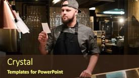  Presentation with pizzeria - PPT theme featuring young-serious-male-chef-reading background and a tawny brown colored foreground