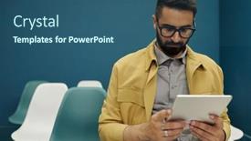  Presentation with employee - PPT layouts featuring young-serious-male-employee background and a  colored foreground