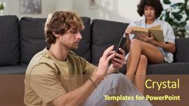  Presentation with scrolling - PPT layouts featuring young-serious-man-in-casualwear background and a tawny brown colored foreground