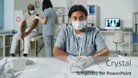  Presentation with front desk - Cool new PPT layouts with young-serious-mixed-race-female backdrop and a light gray colored foreground