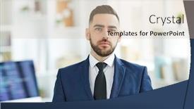  Presentation with front office - Colorful presentation enhanced with young serious office manager or ceo in formalwear standing in front of camera and looking at you backdrop and a soft green colored foreground