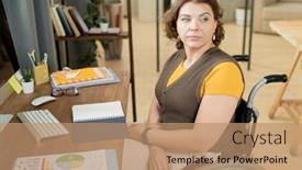  Presentation with front desk - PPT theme with young-serious-or-pensive-businesswoman background and a coral colored foreground