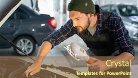  Presentation with engine - Slide set with young-serious-professional-repairman background and a coral colored foreground