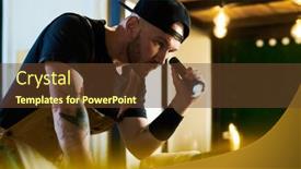  Presentation with motor engine - Slides consisting of young-serious-repairman-in-workwear background and a tawny brown colored foreground