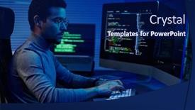  Presentation with computer software - Presentation theme featuring young-serious-software-developer-typing background and a navy blue colored foreground